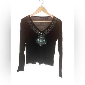 New York & Company Black Mesh Turquoise VTG Y2K Blouse